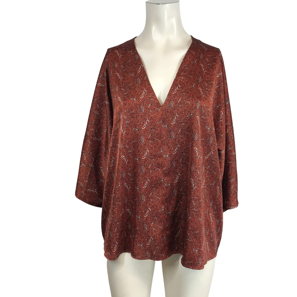 Banana Republic‎ Paisley V Neck 3/4 Sleeve Top Women's Size L Orange Brown